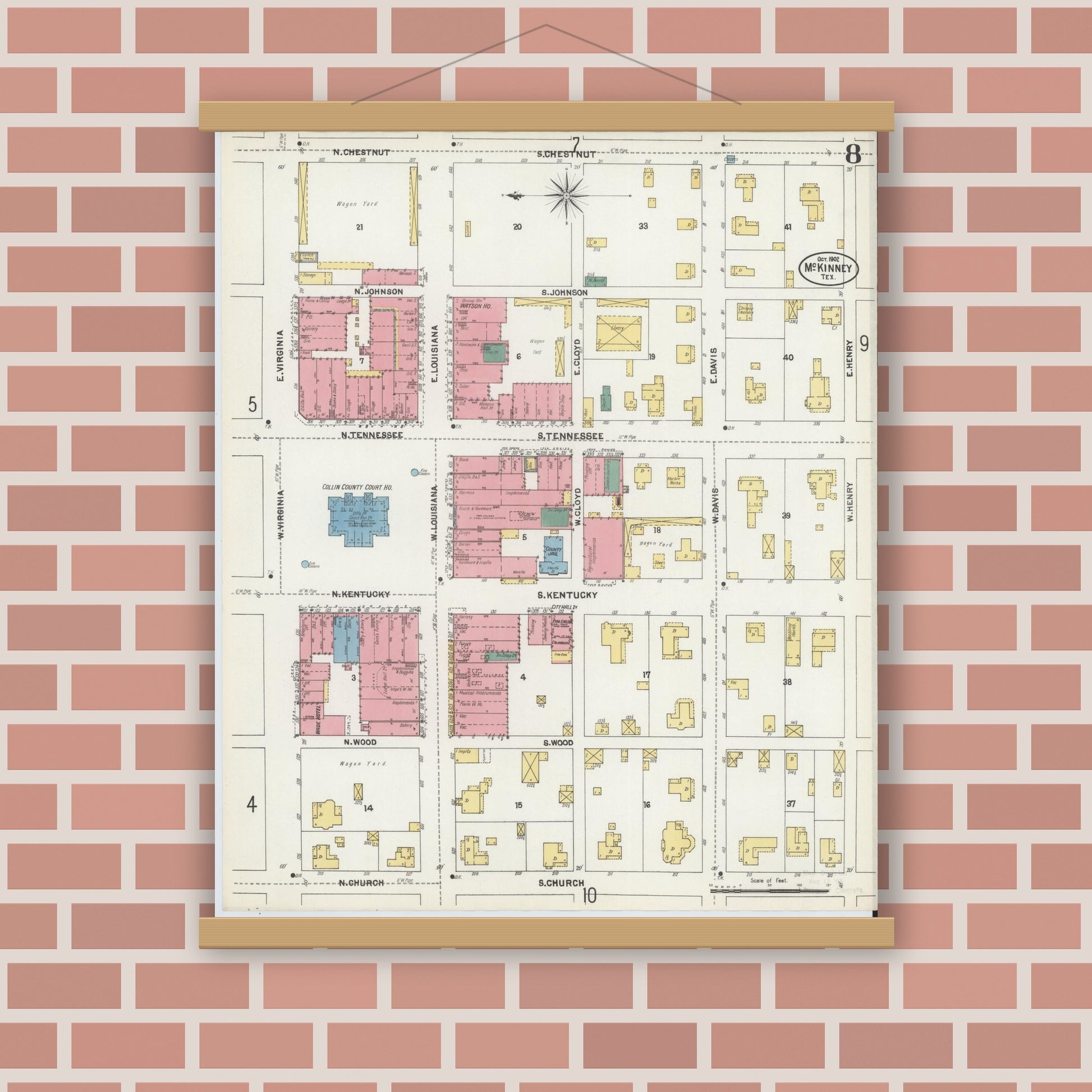 Old map wall art mockup — magnetic wood frame on brick wall — Sanborn Fire Insurance Map from McKinney, Collin County, Texas (1902), Sheet #0008