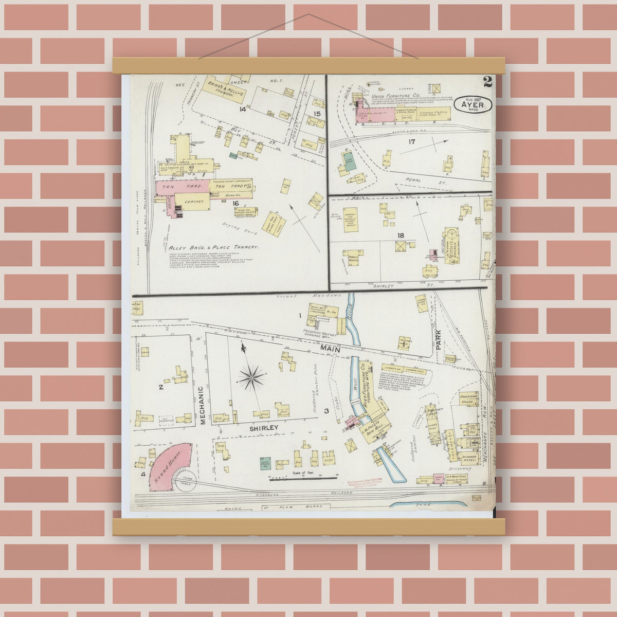Old map wall art mockup — magnetic wood frame on brick wall — Sanborn Fire Insurance Map from Ayer, Middlesex County, Massachusetts (1887), Sheet #0002