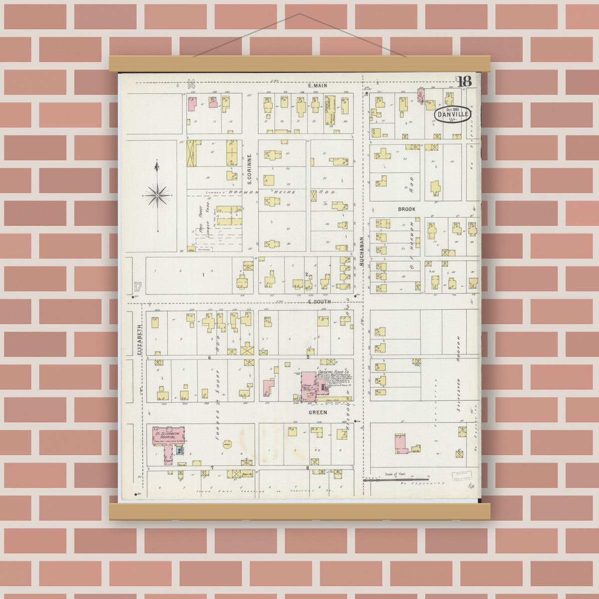 Old map wall art mockup — magnetic wood frame on brick wall — Sanborn Fire Insurance Map from Danville, Vermilion County, Illinois (1895), Sheet #0018