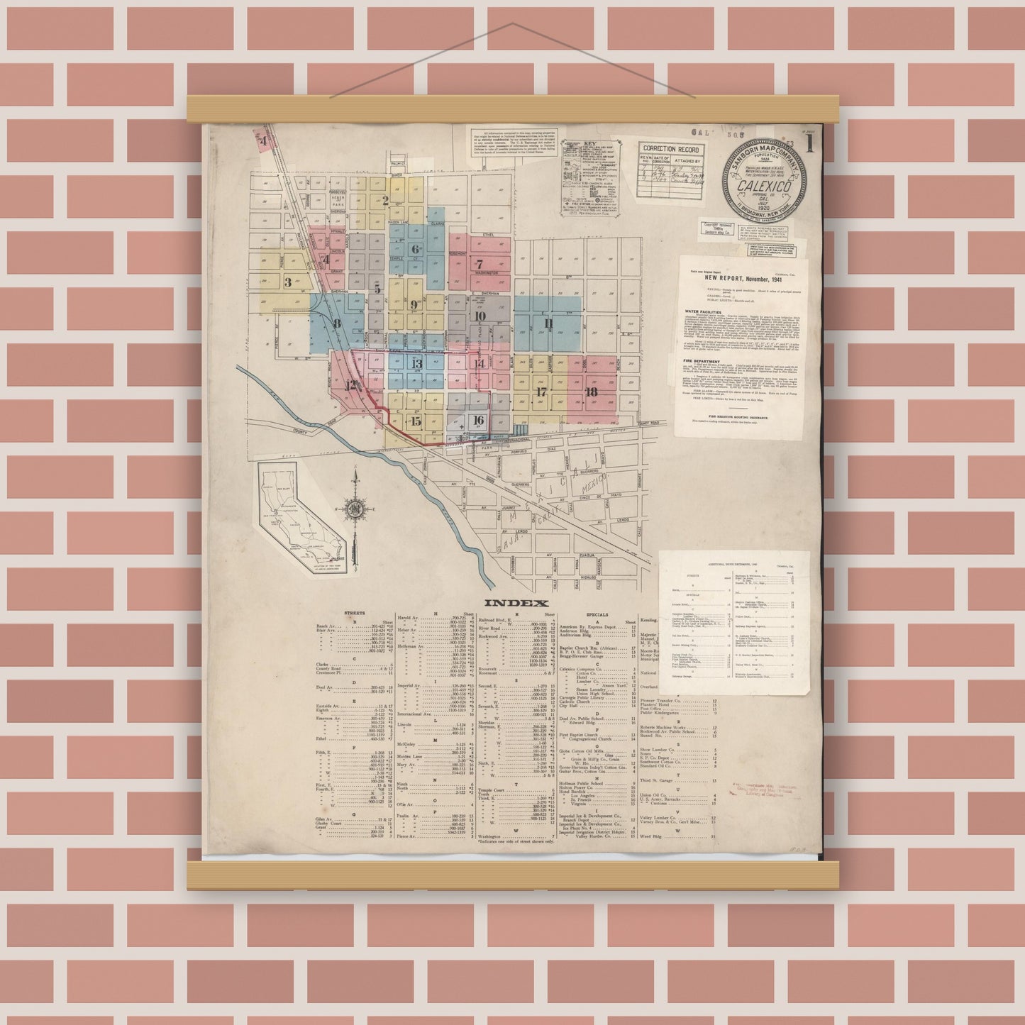 Old map wall art mockup — magnetic wood frame on brick wall — Sanborn Fire Insurance Map from Calexico, Imperial County, California (1949), Sheet #0001