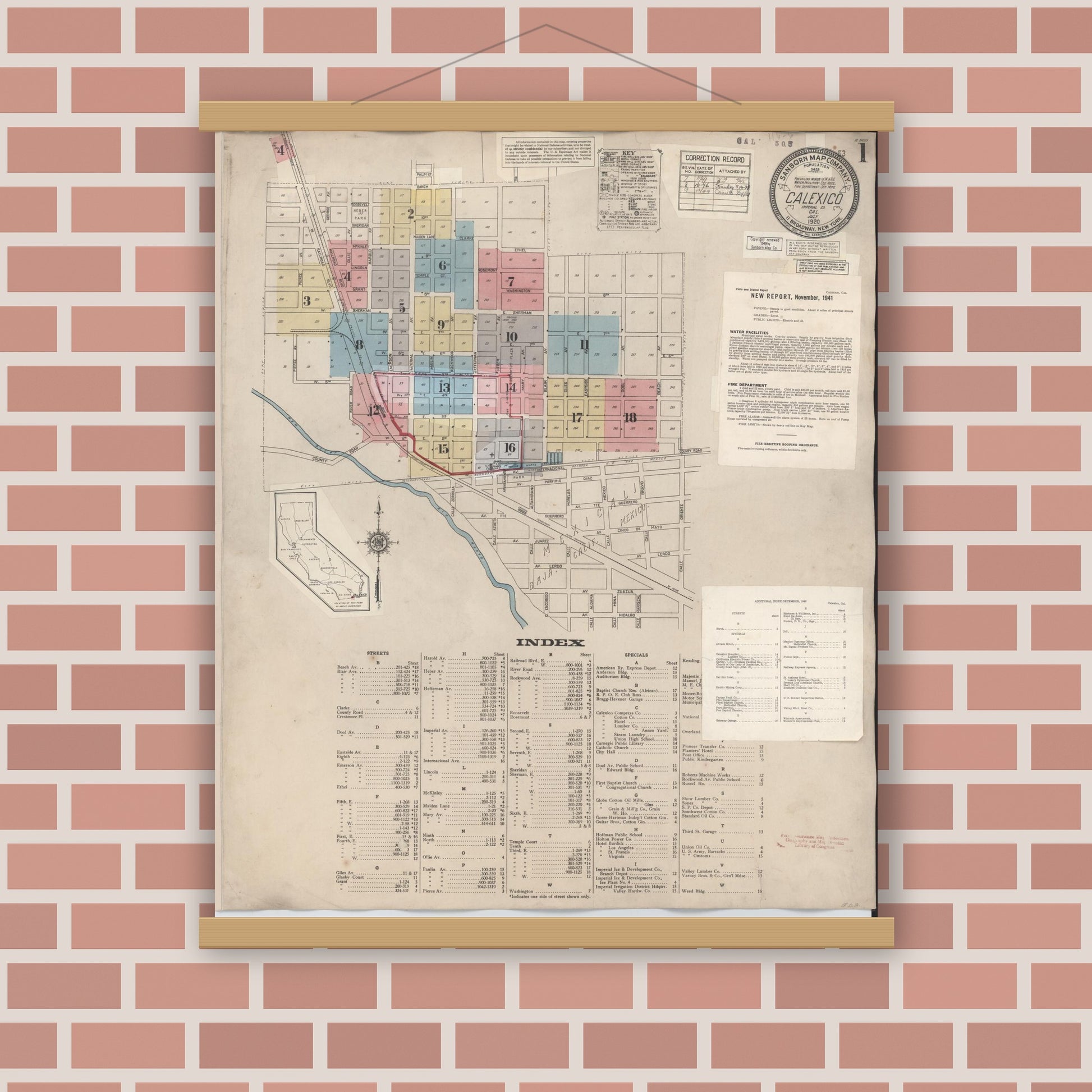 Old map wall art mockup — magnetic wood frame on brick wall — Sanborn Fire Insurance Map from Calexico, Imperial County, California (1949), Sheet #0001