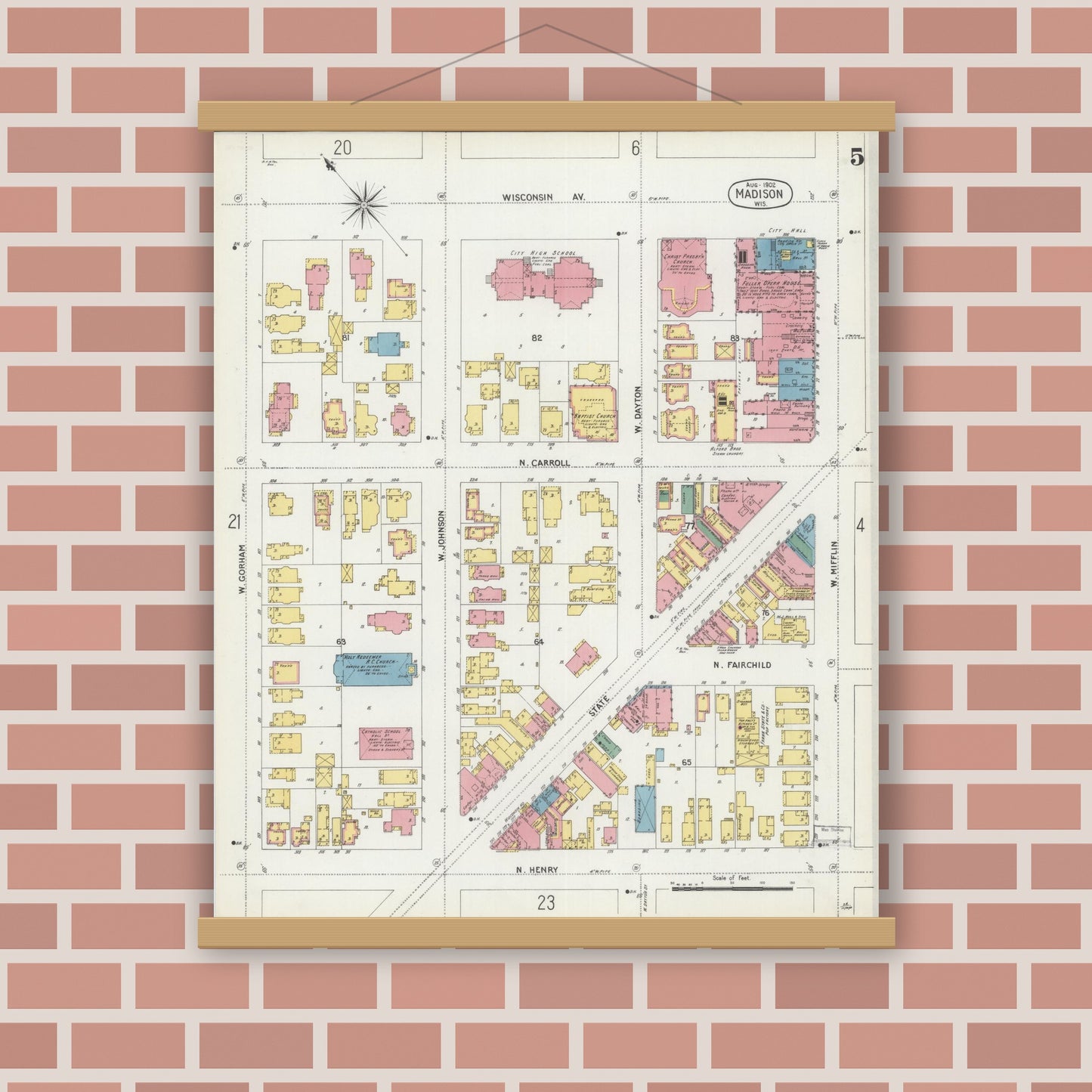 Old map wall art mockup — magnetic wood frame on brick wall — Sanborn Fire Insurance Map from Madison, Dane County, Wisconsin (1902), Sheet #0005
