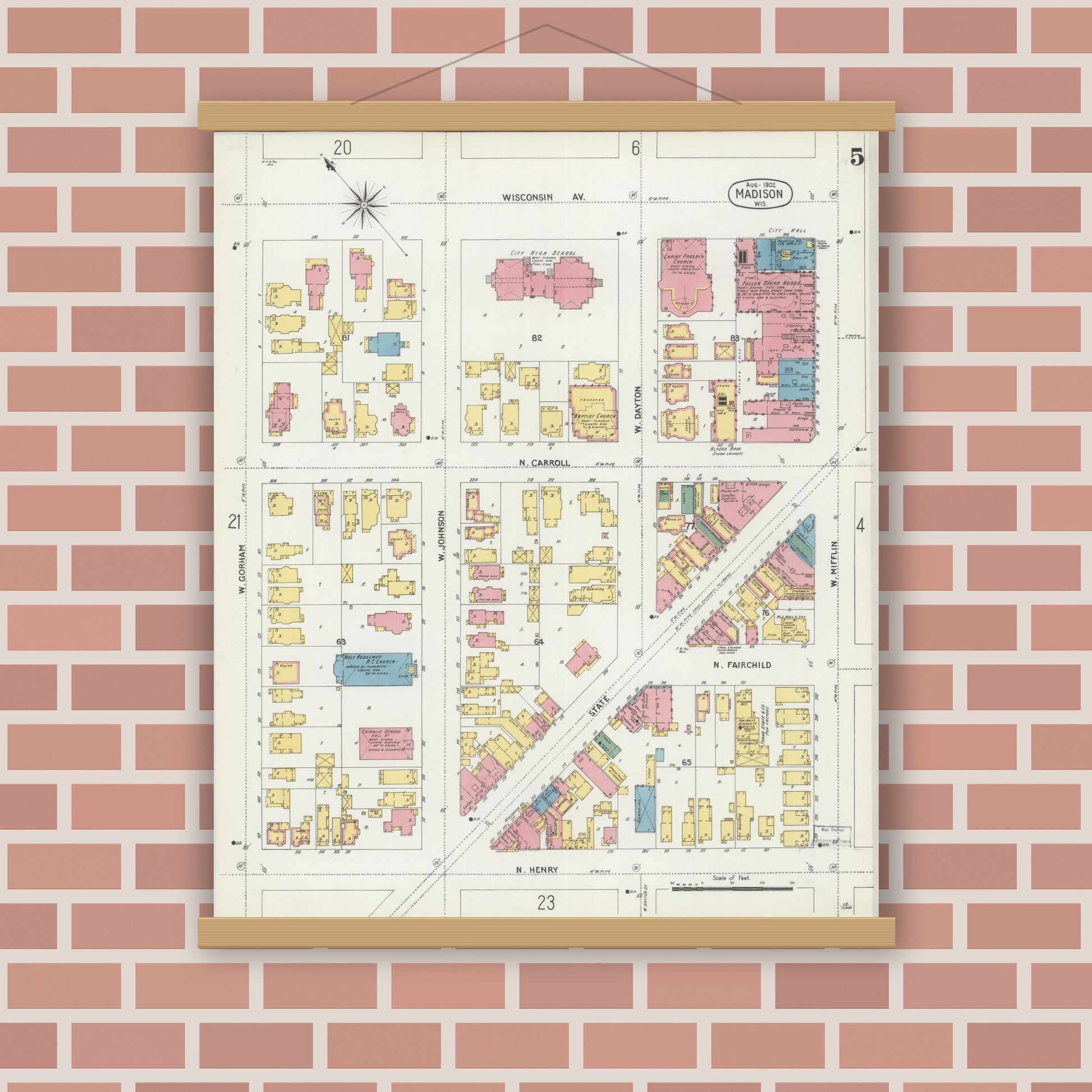 Old map wall art mockup — magnetic wood frame on brick wall — Sanborn Fire Insurance Map from Madison, Dane County, Wisconsin (1902), Sheet #0005