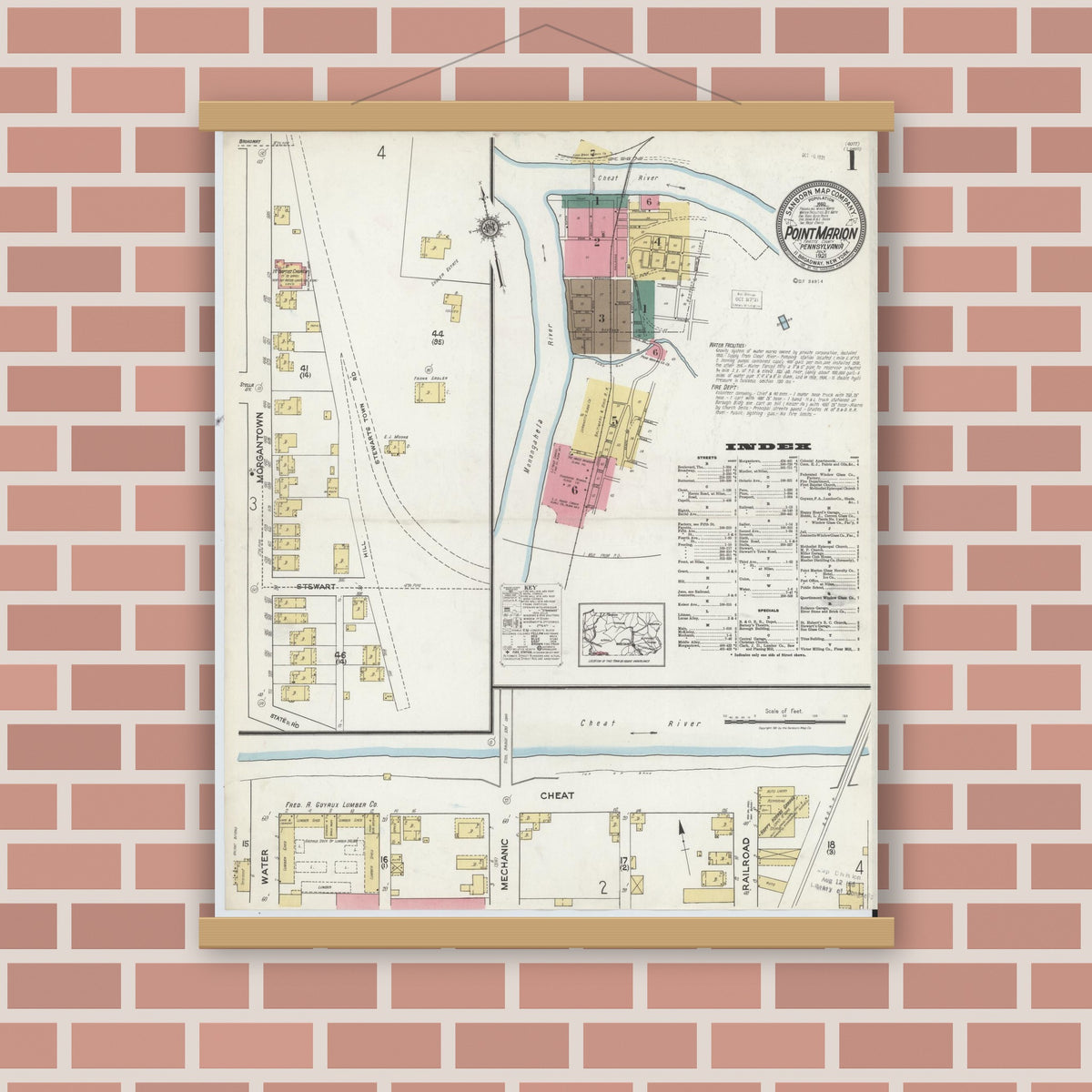 Old map wall art mockup — magnetic wood frame on brick wall — Sanborn Fire Insurance Map from Point Marion, Fayette County, Pennsylvania (1921) - Complete Map Set