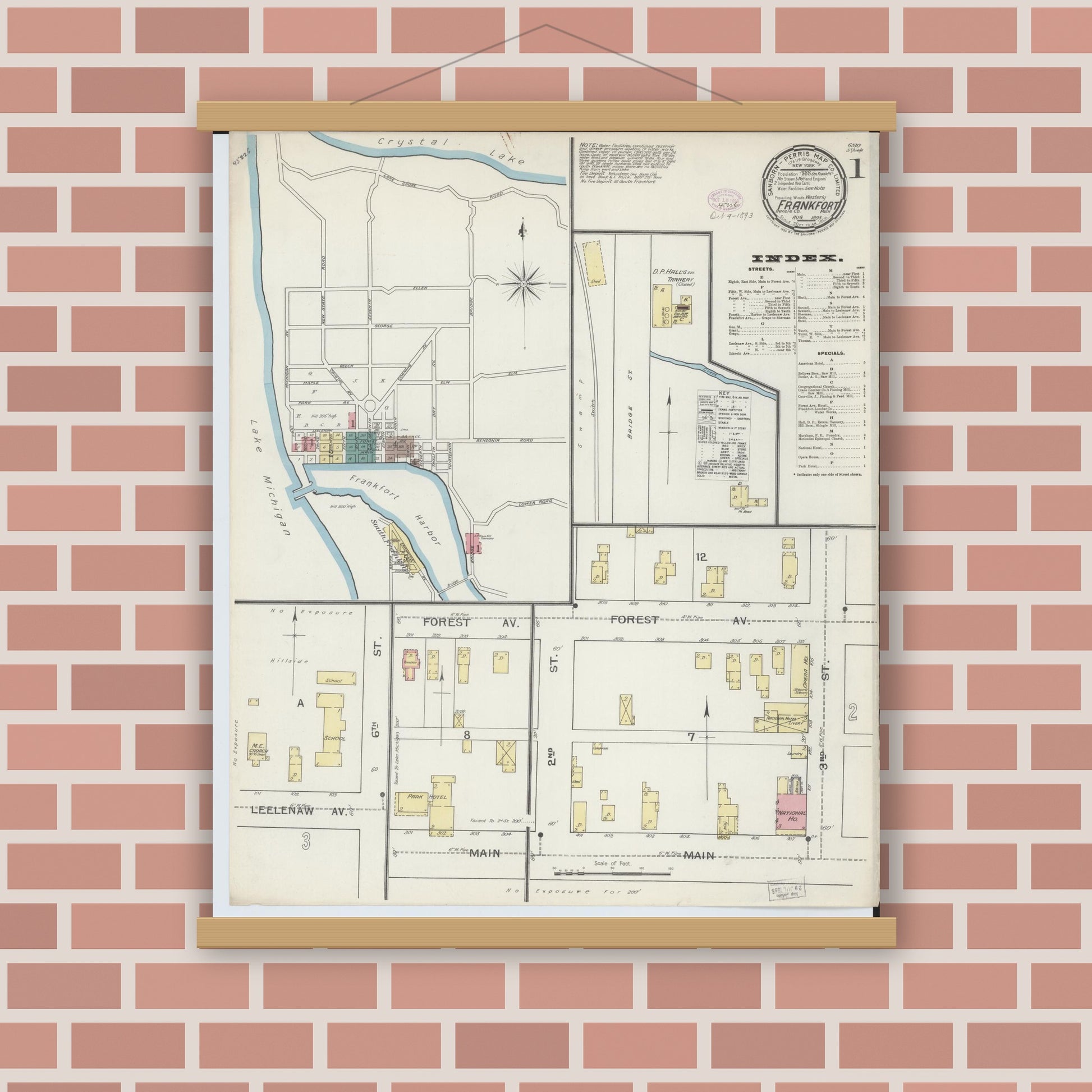 Old map wall art mockup — magnetic wood frame on brick wall — Sanborn Fire Insurance Map from Frankfort, Benzie County, Michigan (1893), Sheet #0001