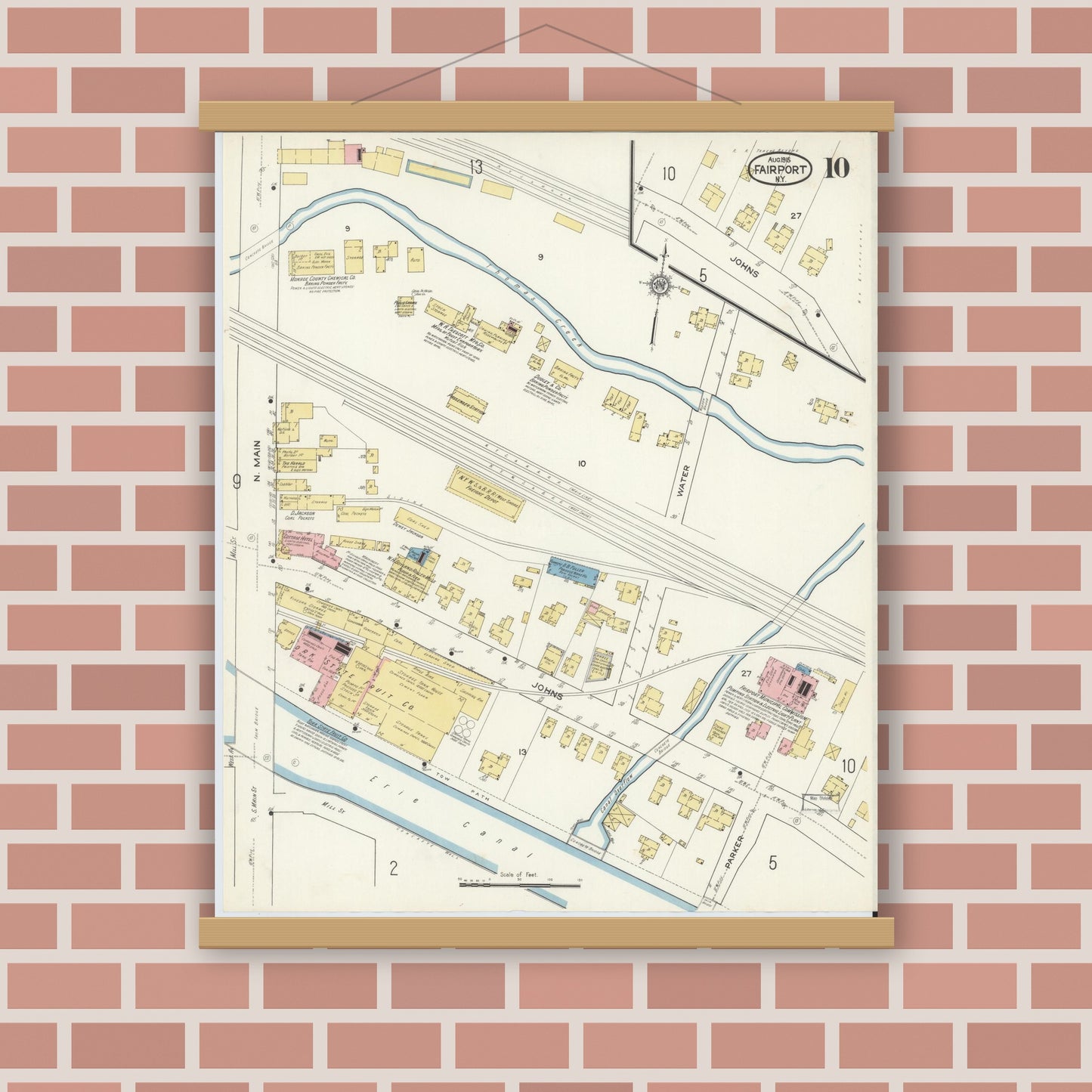 Old map wall art mockup — magnetic wood frame on brick wall — Sanborn Fire Insurance Map from Fairport, Monroe County, New York (1915), Sheet #0010