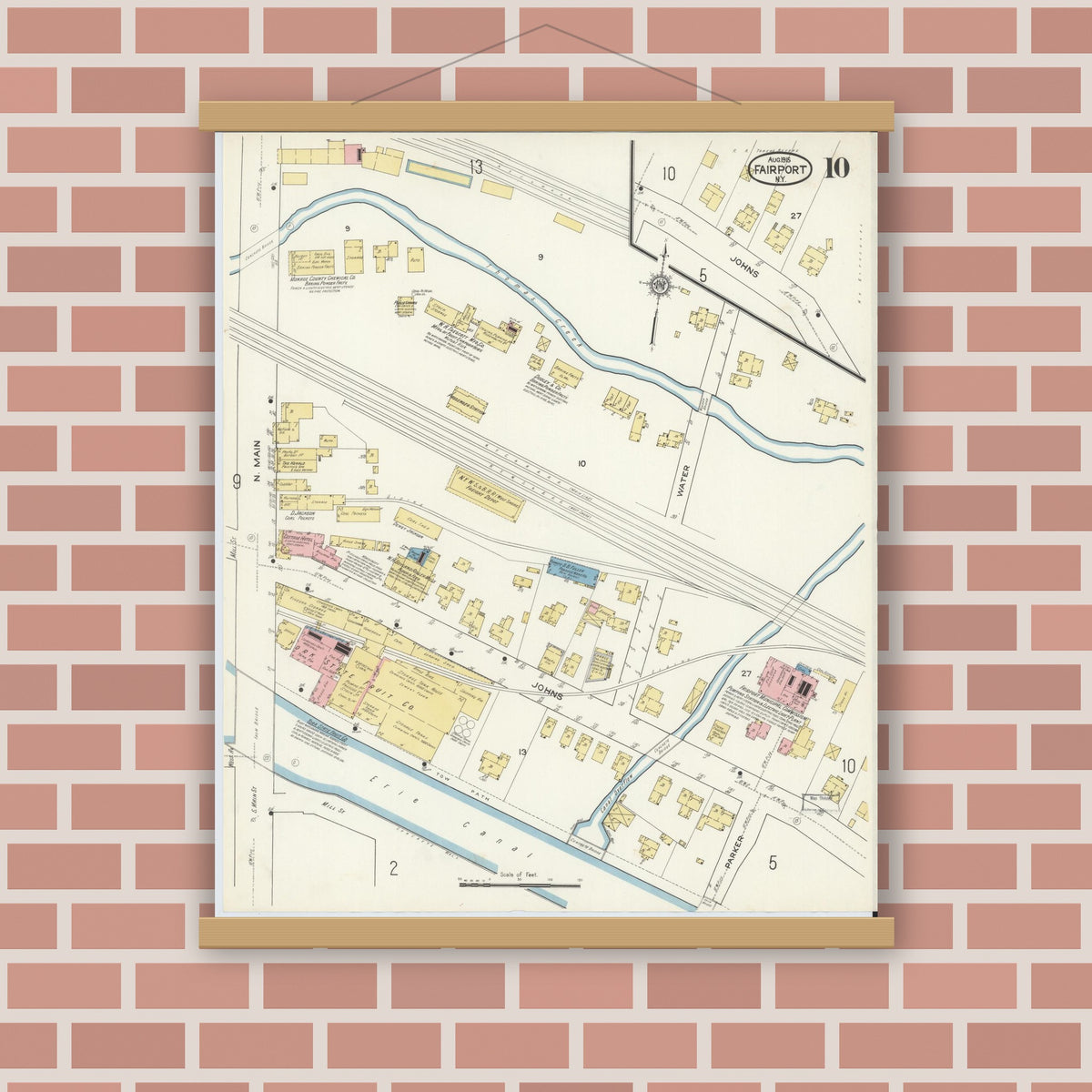 Old map wall art mockup — magnetic wood frame on brick wall — Sanborn Fire Insurance Map from Fairport, Monroe County, New York (1915), Sheet #0010