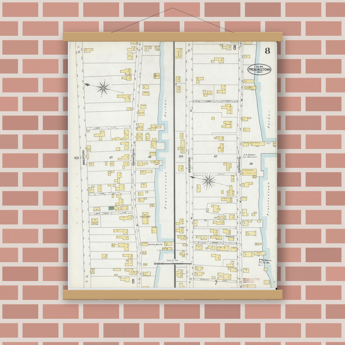 Old map wall art mockup — magnetic wood frame on brick wall — Sanborn Fire Insurance Map from Provincetown, Barnstable County, Massachusetts (1902), Sheet #0008