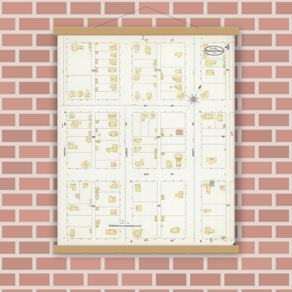 Old map wall art mockup — magnetic wood frame on brick wall — Sanborn Fire Insurance Map from Wichita Falls, Wichita County, Texas (1904), Sheet #0004