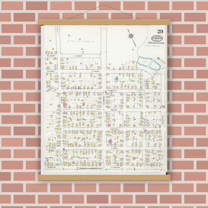 Old map wall art mockup — magnetic wood frame on brick wall — Sanborn Fire Insurance Map from Adrian, Lenawee County, Michigan (1916), Sheet #0029