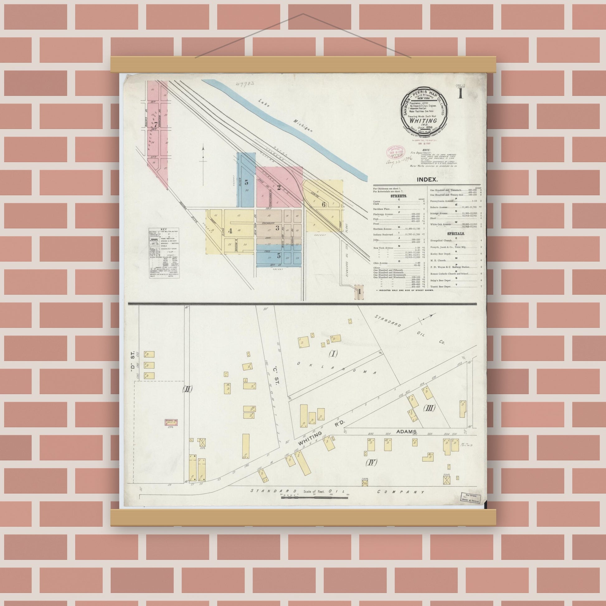 Old map wall art mockup — magnetic wood frame on brick wall — Sanborn Fire Insurance Map from Whiting, Lake County, Indiana (1896), Sheet #0001