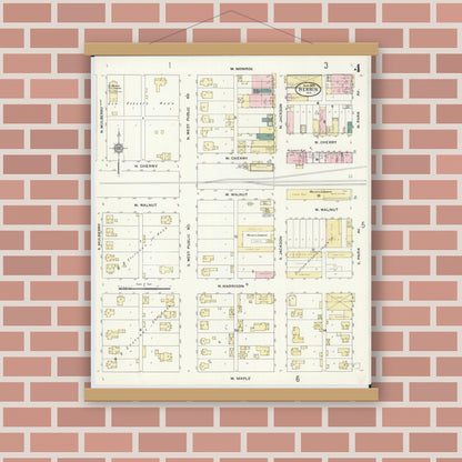 Old map wall art mockup — magnetic wood frame on brick wall — Sanborn Fire Insurance Map from Herrin, Williamson County, Illinois (1909), Sheet #0004