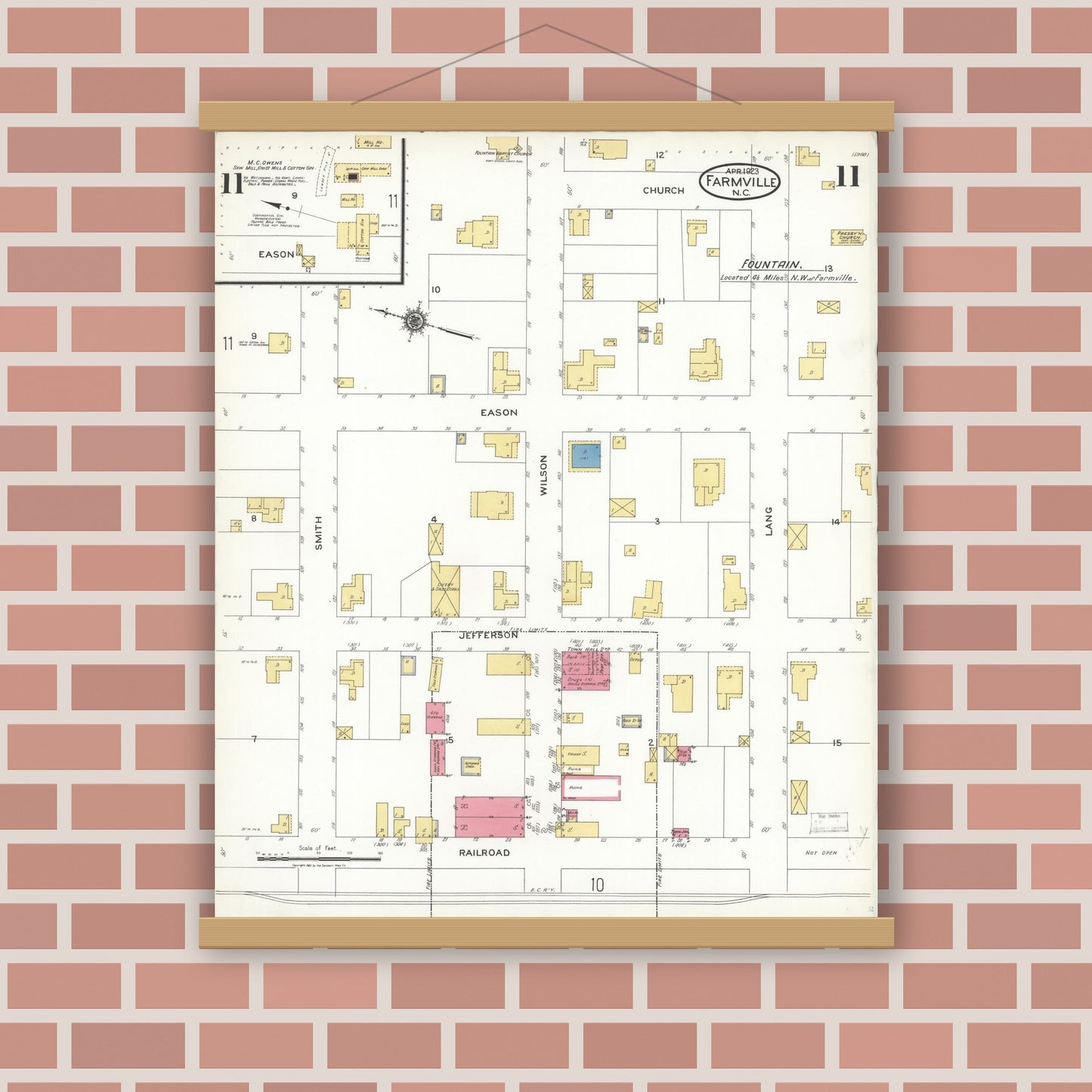Old map wall art mockup — magnetic wood frame on brick wall — Sanborn Fire Insurance Map from Farmville, Pitt County, North Carolina (1923), Sheet #0011