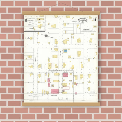 Old map wall art mockup — magnetic wood frame on brick wall — Sanborn Fire Insurance Map from Farmville, Pitt County, North Carolina (1923), Sheet #0011