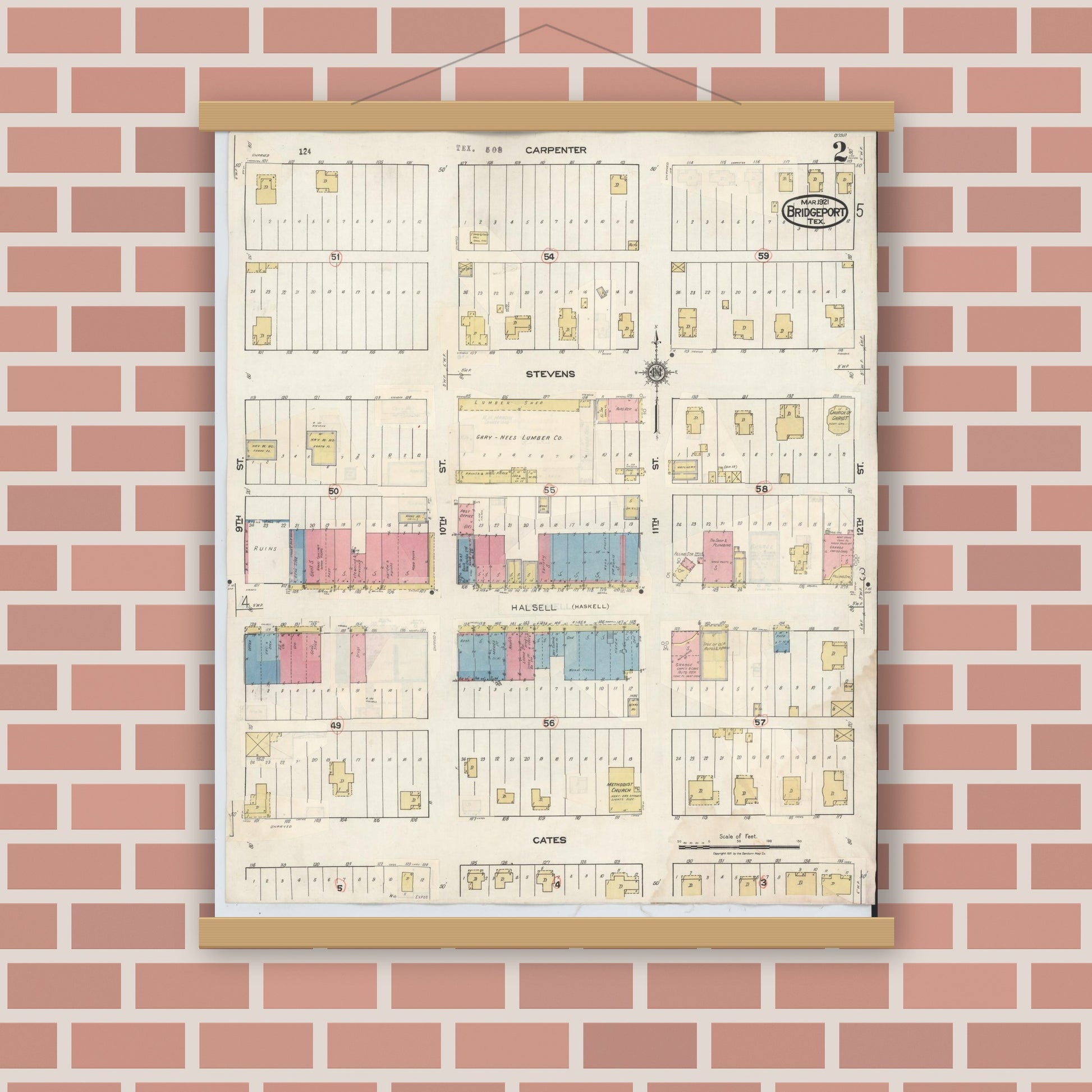Old map wall art mockup — magnetic wood frame on brick wall — Sanborn Fire Insurance Map from Bridgeport, Wise County, Texas (1944), Sheet #0002