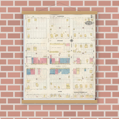 Old map wall art mockup — magnetic wood frame on brick wall — Sanborn Fire Insurance Map from Bridgeport, Wise County, Texas (1944), Sheet #0002