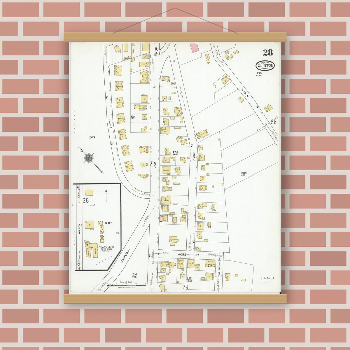Old map wall art mockup — magnetic wood frame on brick wall — Sanborn Fire Insurance Map from Clinton, Worcester County, Massachusetts (1919), Sheet #0028