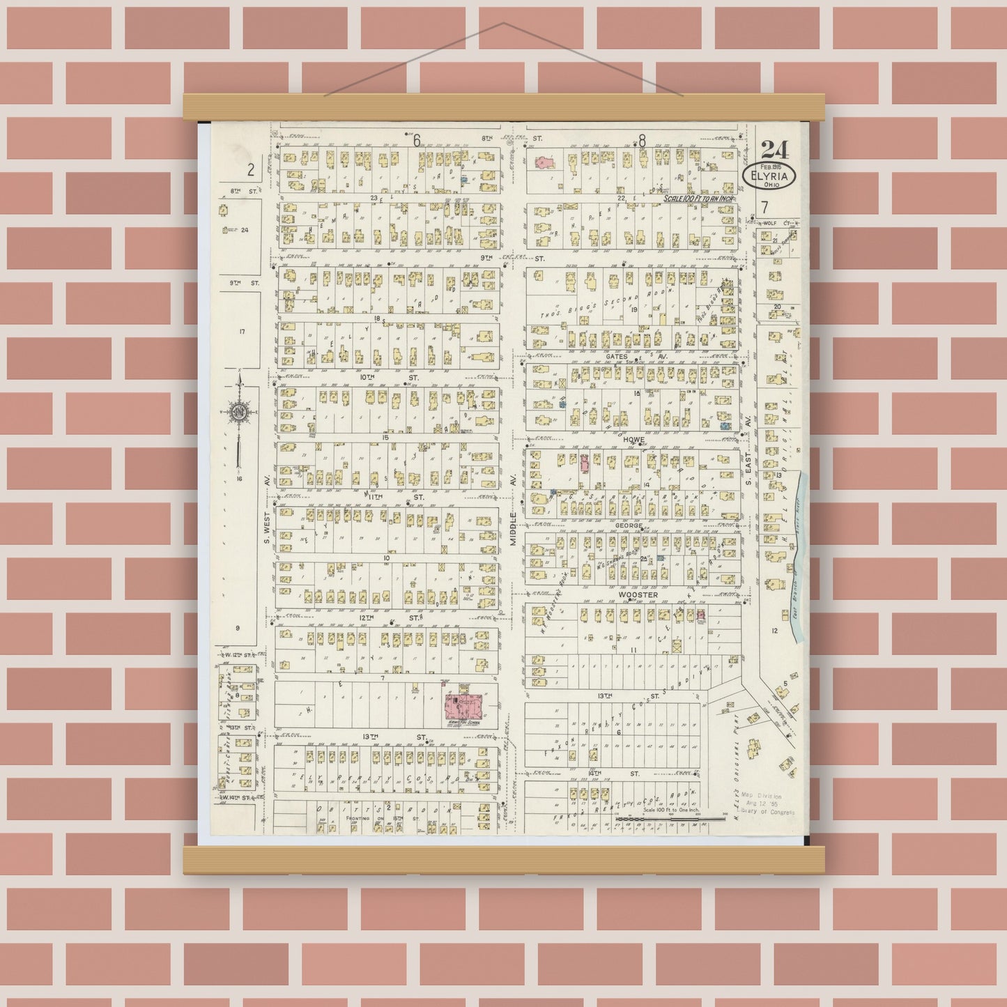 Old map wall art mockup — magnetic wood frame on brick wall — Sanborn Fire Insurance Map from Elyria, Lorain County, Ohio (1915), Sheet #0024