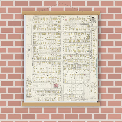 Old map wall art mockup — magnetic wood frame on brick wall — Sanborn Fire Insurance Map from Elyria, Lorain County, Ohio (1915), Sheet #0024