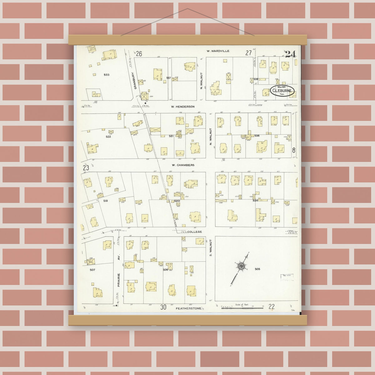 Old map wall art mockup — magnetic wood frame on brick wall — Sanborn Fire Insurance Map from Cleburne, Johnson County, Texas (1910), Sheet #0024