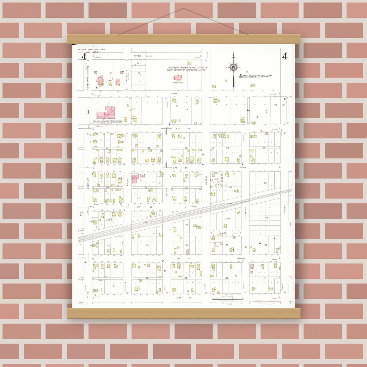 Old map wall art mockup — magnetic wood frame on brick wall — Sanborn Fire Insurance Map from Wilton Junction, Muscatine County, Iowa (1939), Sheet #0004