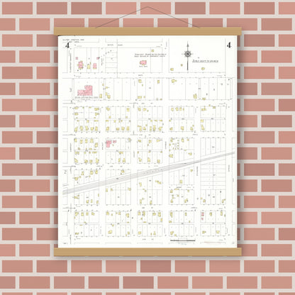 Old map wall art mockup — magnetic wood frame on brick wall — Sanborn Fire Insurance Map from Wilton Junction, Muscatine County, Iowa (1939), Sheet #0004