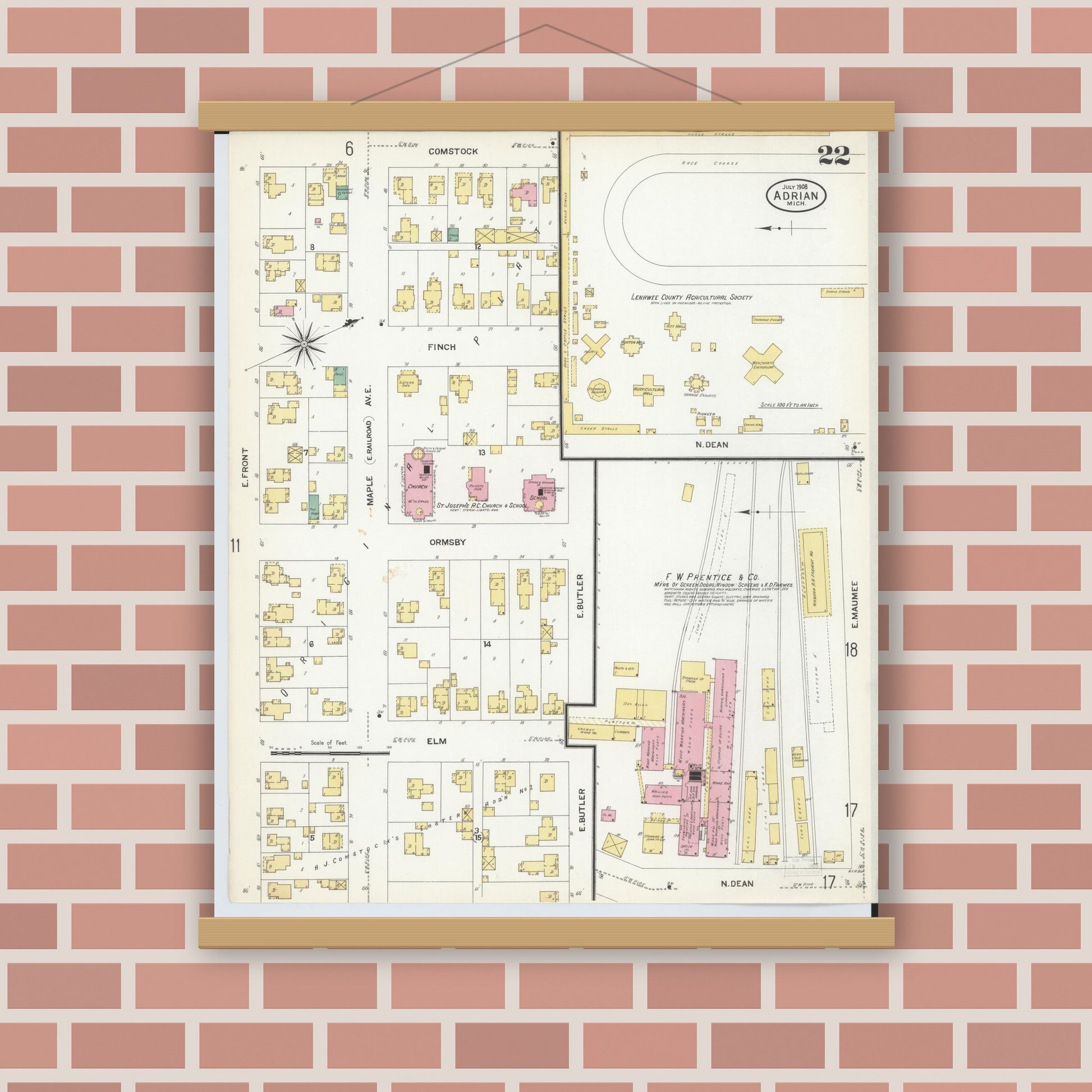Old map wall art mockup — magnetic wood frame on brick wall — Sanborn Fire Insurance Map from Adrian, Lenawee County, Michigan (1908), Sheet #0022
