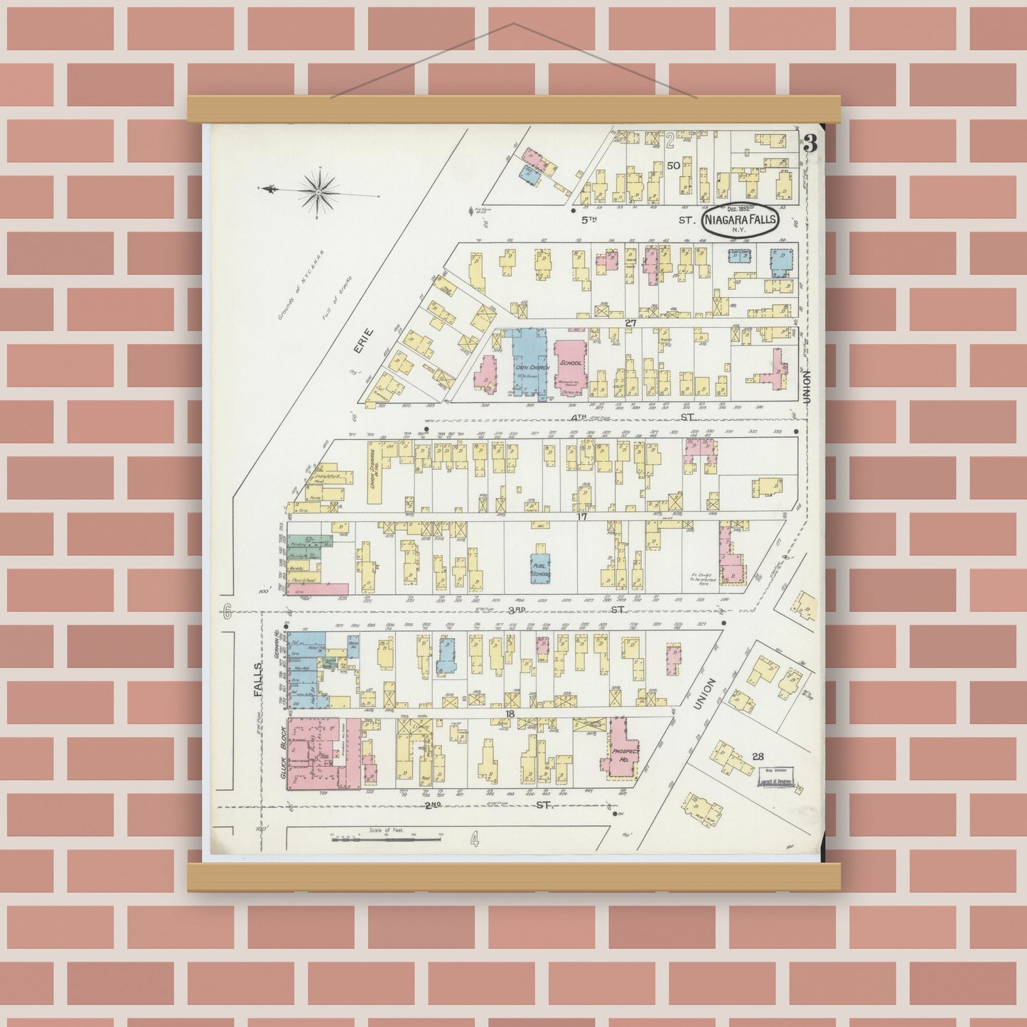 Old map wall art mockup — magnetic wood frame on brick wall — Sanborn Fire Insurance Map from Niagara Falls, Niagara County, New York (1892), Sheet #0003