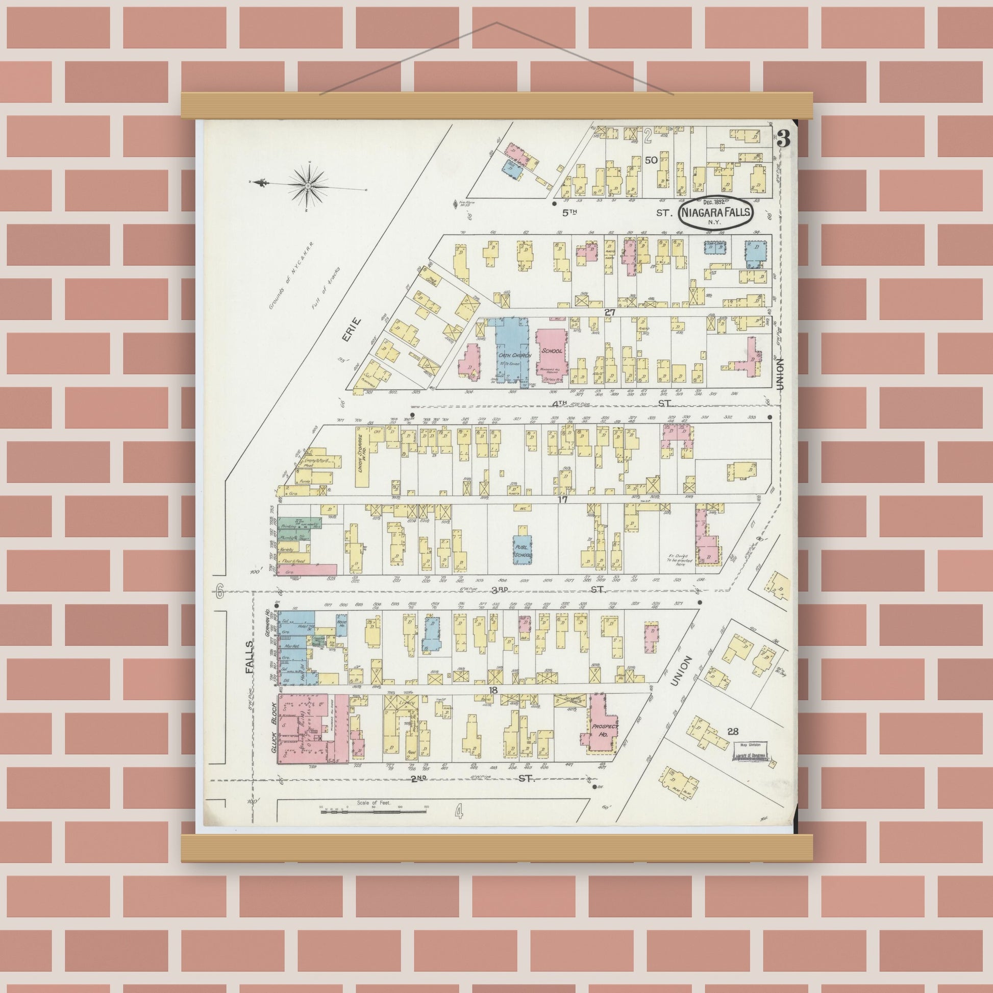 Old map wall art mockup — magnetic wood frame on brick wall — Sanborn Fire Insurance Map from Niagara Falls, Niagara County, New York (1892), Sheet #0003