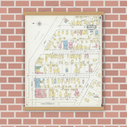 Old map wall art mockup — magnetic wood frame on brick wall — Sanborn Fire Insurance Map from Niagara Falls, Niagara County, New York (1892), Sheet #0003