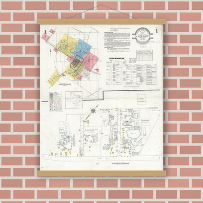 Old map wall art mockup — magnetic wood frame on brick wall — Sanborn Fire Insurance Map from Gladewater, Gregg County, Texas (1934), Sheet #0001