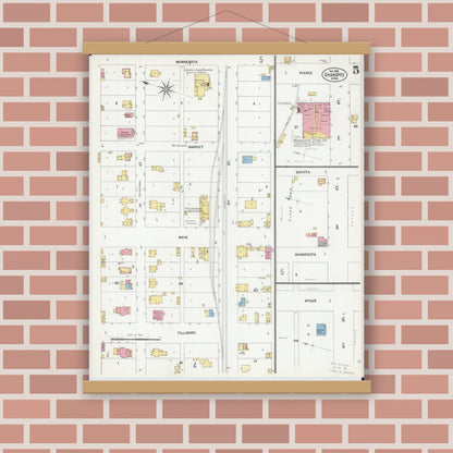 Old map wall art mockup — magnetic wood frame on brick wall — Sanborn Fire Insurance Map from Shakopee, Scott County, Minnesota (1902), Sheet #0005