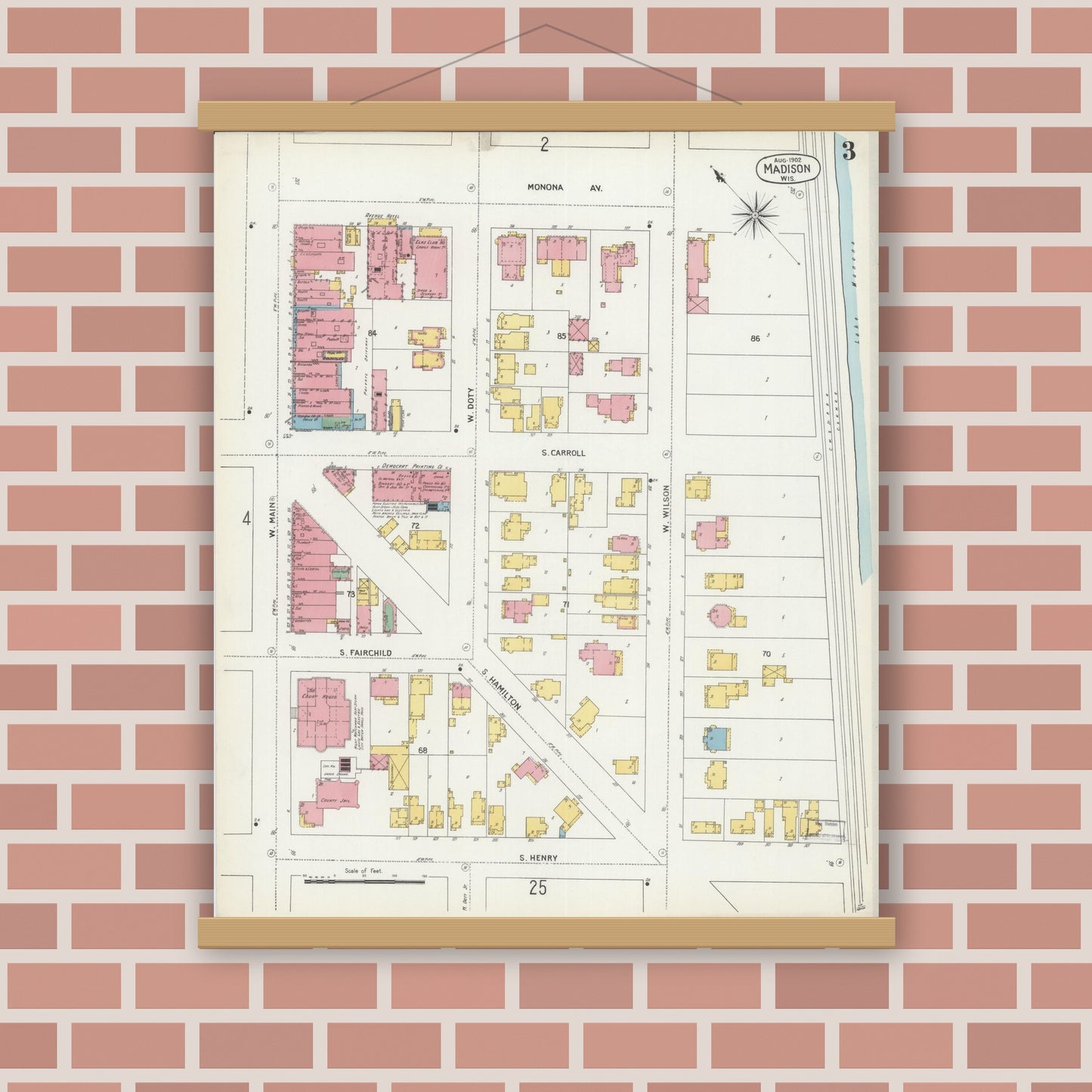 Old map wall art mockup — magnetic wood frame on brick wall — Sanborn Fire Insurance Map from Madison, Dane County, Wisconsin (1902), Sheet #0003
