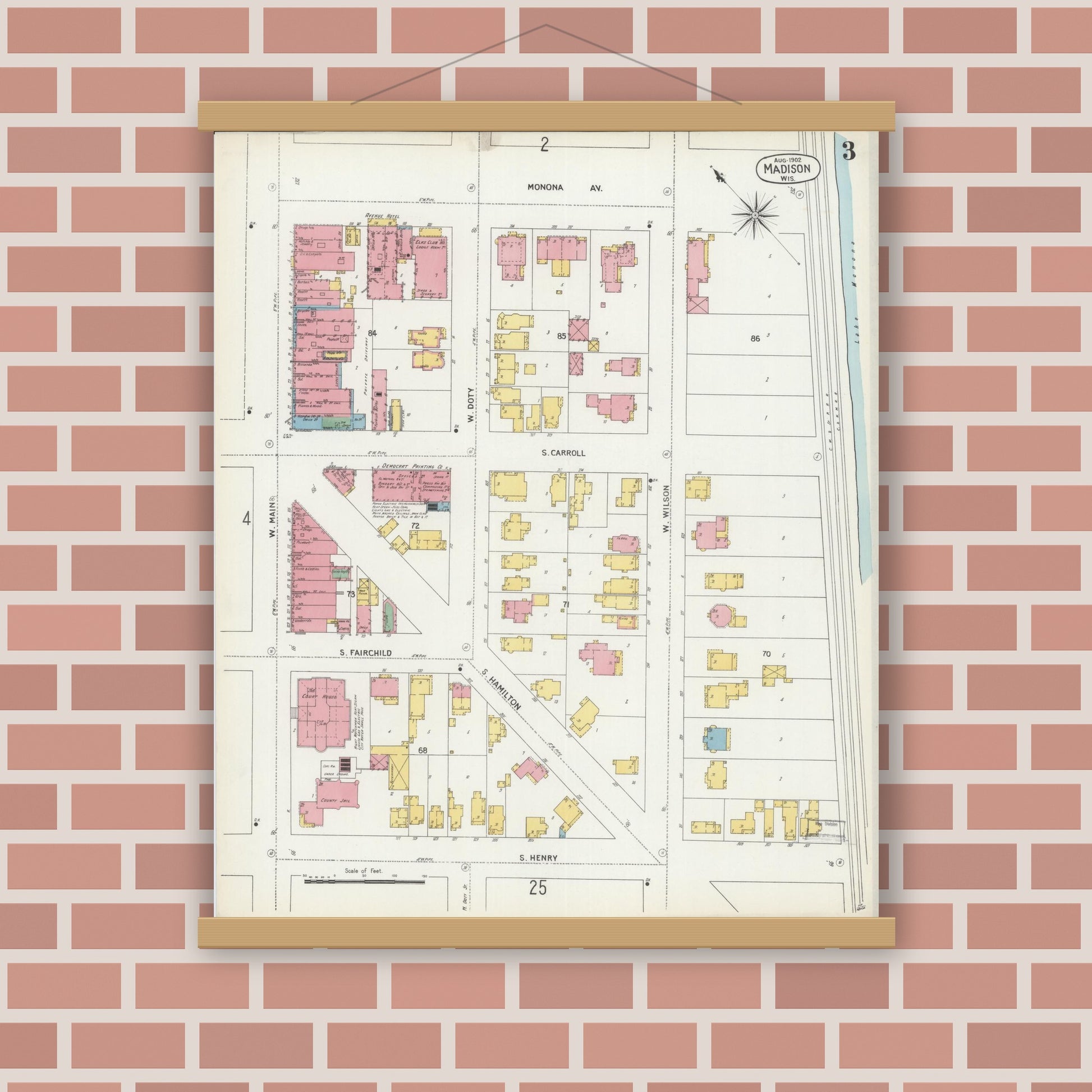 Old map wall art mockup — magnetic wood frame on brick wall — Sanborn Fire Insurance Map from Madison, Dane County, Wisconsin (1902), Sheet #0003