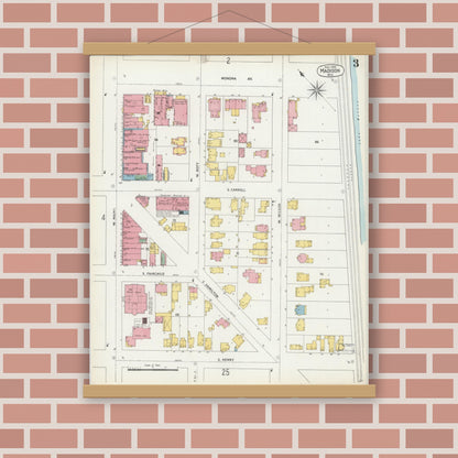 Old map wall art mockup — magnetic wood frame on brick wall — Sanborn Fire Insurance Map from Madison, Dane County, Wisconsin (1902), Sheet #0003