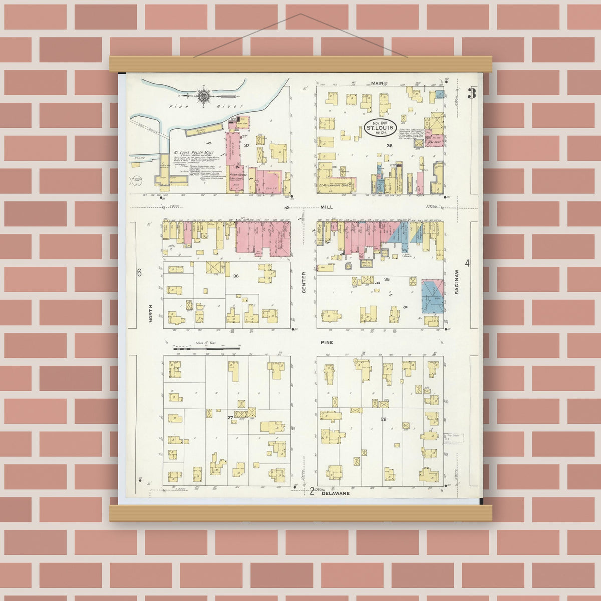 Old map wall art mockup — magnetic wood frame on brick wall — Sanborn Fire Insurance Map from Saint Louis, Gratiot County, Michigan (1910), Sheet #0003