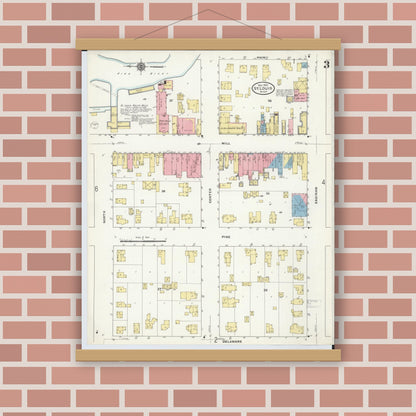 Old map wall art mockup — magnetic wood frame on brick wall — Sanborn Fire Insurance Map from Saint Louis, Gratiot County, Michigan (1910), Sheet #0003