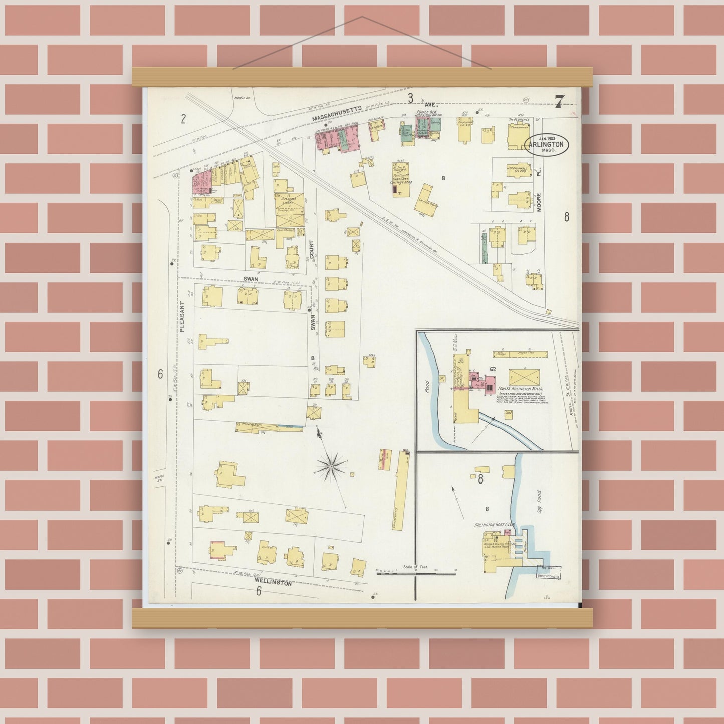 Old map wall art mockup — magnetic wood frame on brick wall — Sanborn Fire Insurance Map from Arlington, Middlesex County, Massachusetts (1903), Sheet #0007