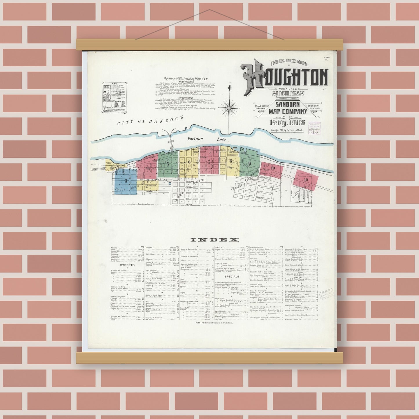 Old map wall art mockup — magnetic wood frame on brick wall — Sanborn Fire Insurance Map from Houghton, Houghton County, Michigan (1908), Sheet #0001