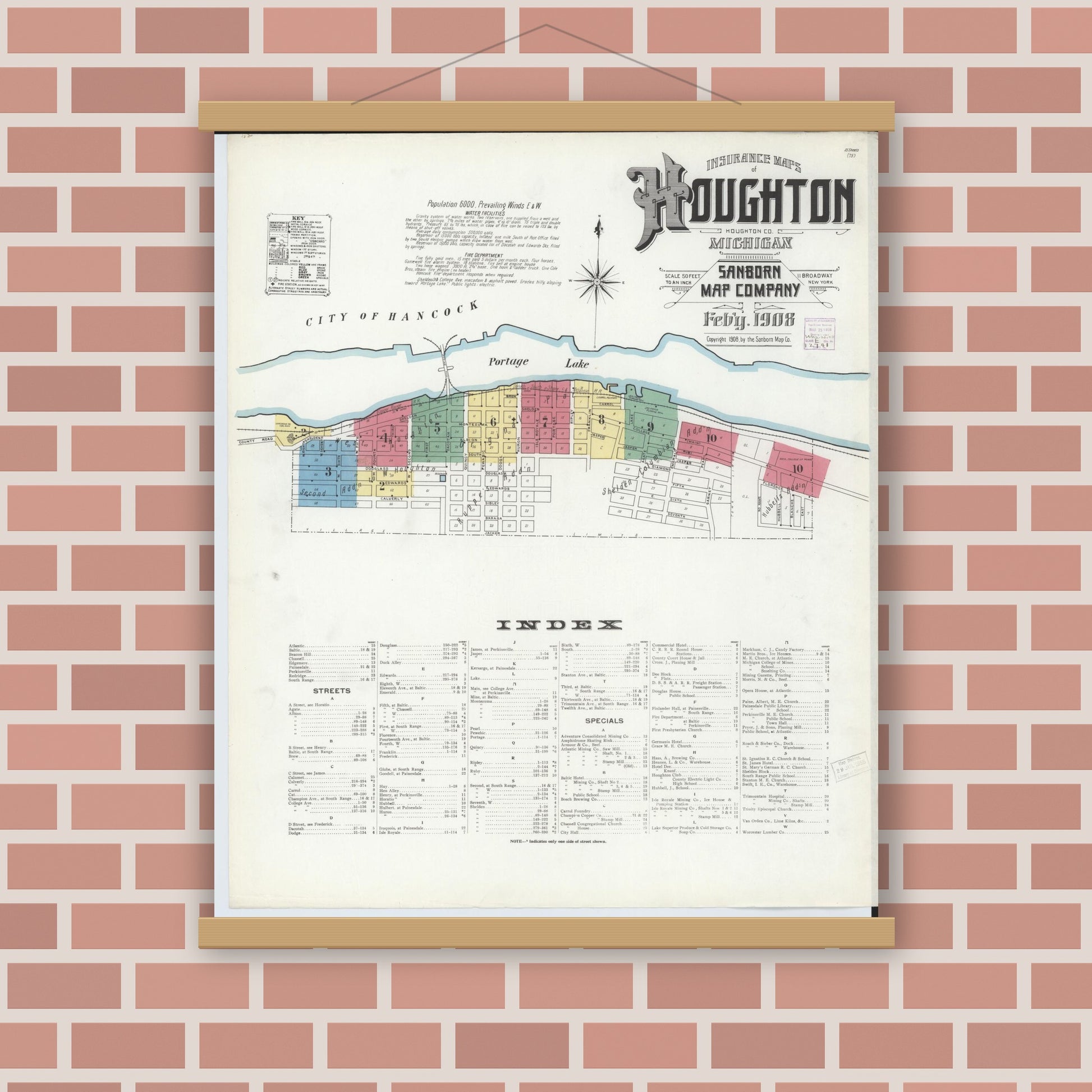 Old map wall art mockup — magnetic wood frame on brick wall — Sanborn Fire Insurance Map from Houghton, Houghton County, Michigan (1908), Sheet #0001