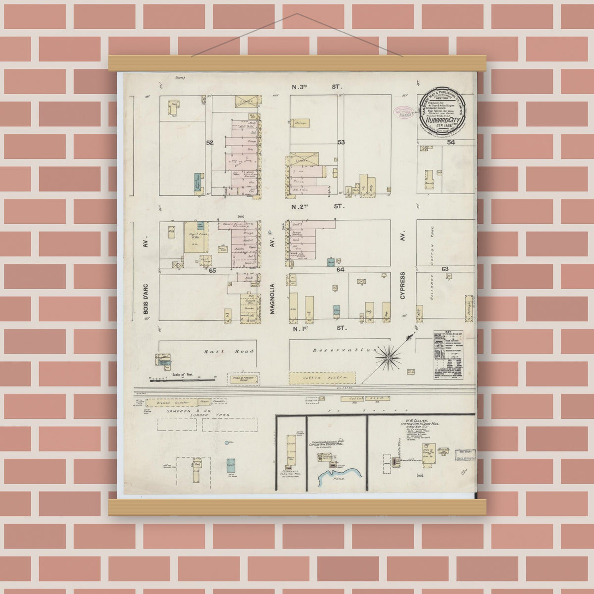 Old map wall art mockup — magnetic wood frame on brick wall — Sanborn Fire Insurance Map from Hubbard, Hill County, Texas (1888), Sheet #0001