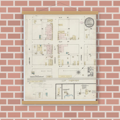 Old map wall art mockup — magnetic wood frame on brick wall — Sanborn Fire Insurance Map from Hubbard, Hill County, Texas (1888), Sheet #0001