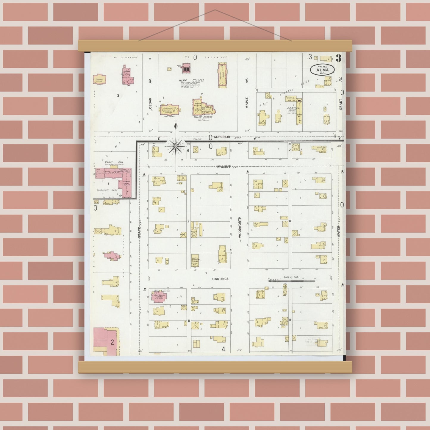 Old map wall art mockup — magnetic wood frame on brick wall — Sanborn Fire Insurance Map from Alma, Gratiot County, Michigan (1902), Sheet #0003