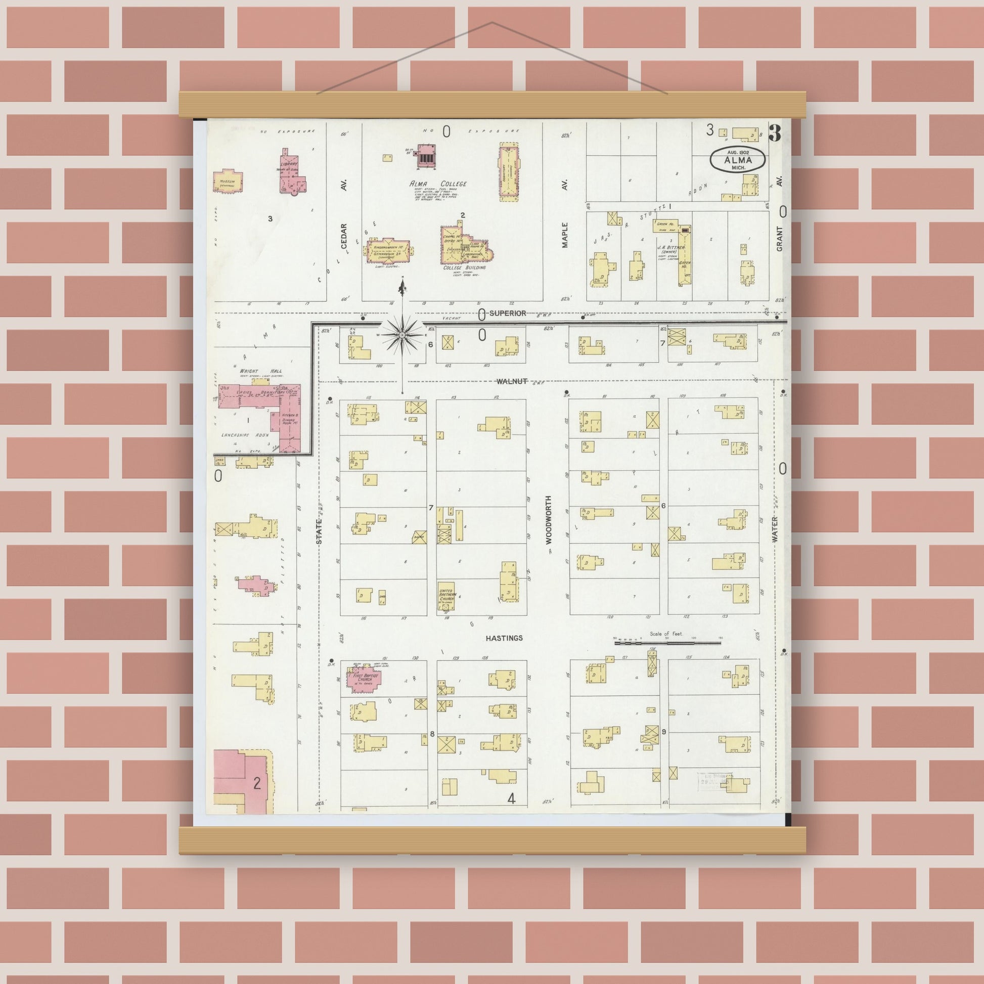 Old map wall art mockup — magnetic wood frame on brick wall — Sanborn Fire Insurance Map from Alma, Gratiot County, Michigan (1902), Sheet #0003