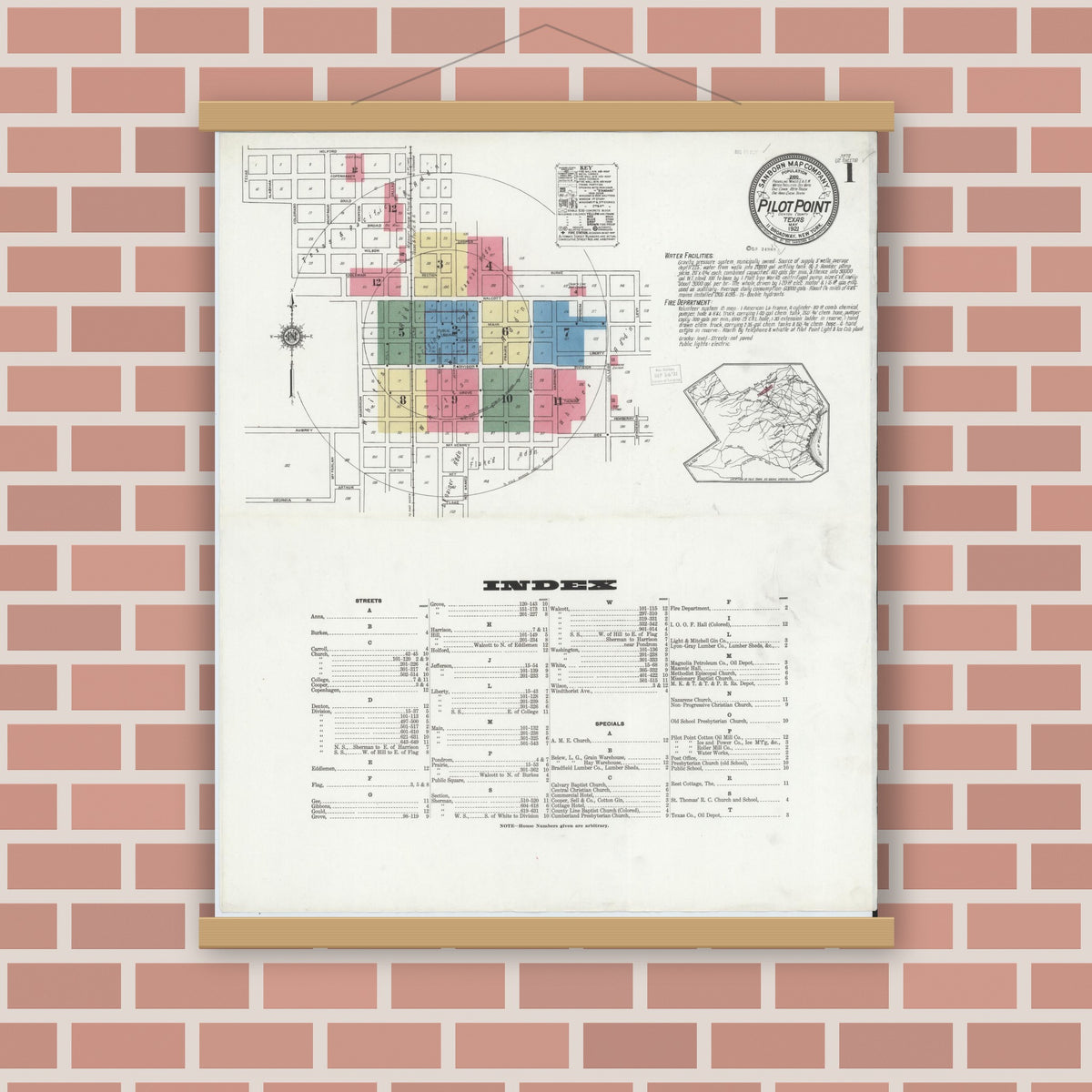 Old map wall art mockup — magnetic wood frame on brick wall — Sanborn Fire Insurance Map from Pilot Point, Denton County, Texas (1921) - Complete Map Set