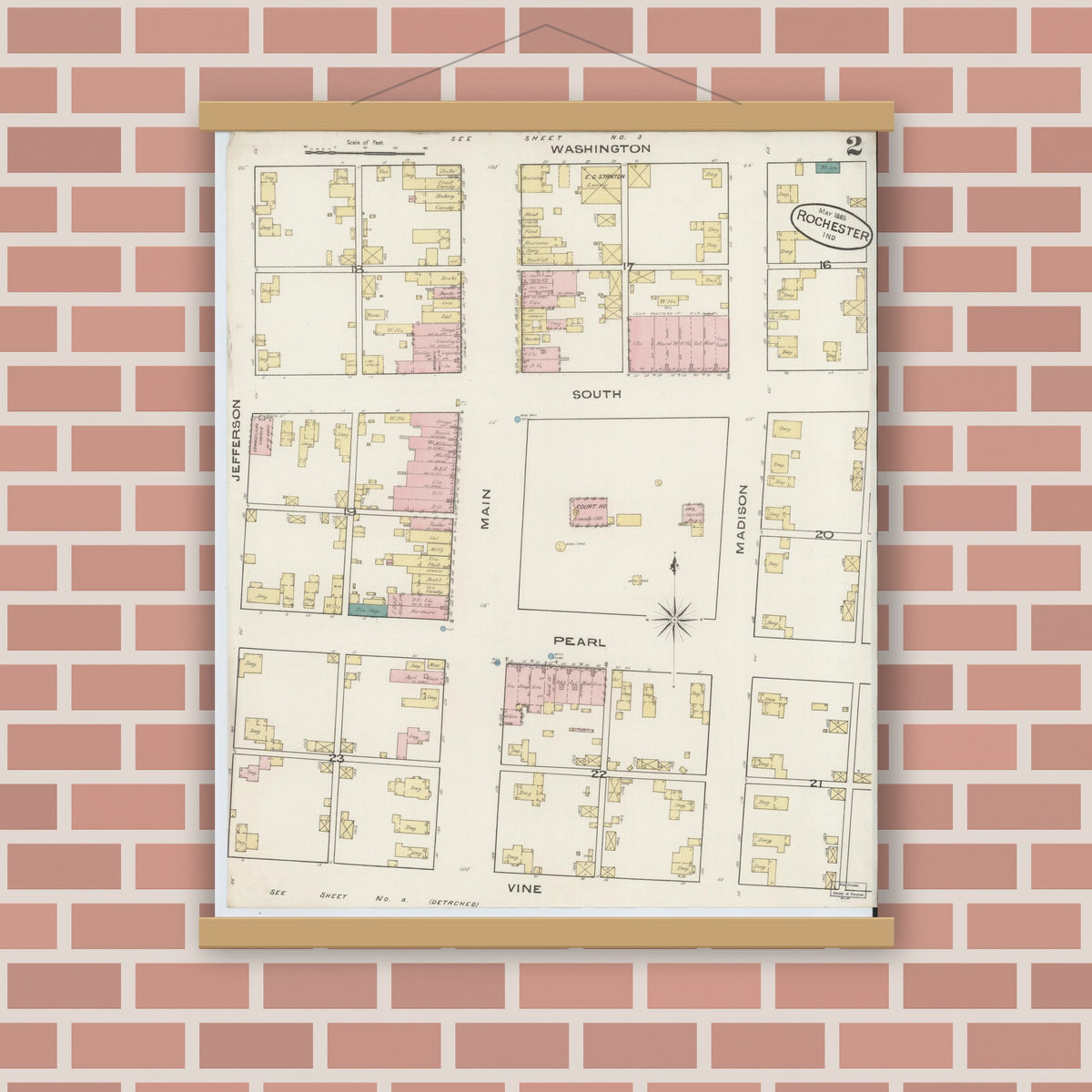 Old map wall art mockup — magnetic wood frame on brick wall — Sanborn Fire Insurance Map from Rochester, Fulton County, Indiana (1885), Sheet #0002