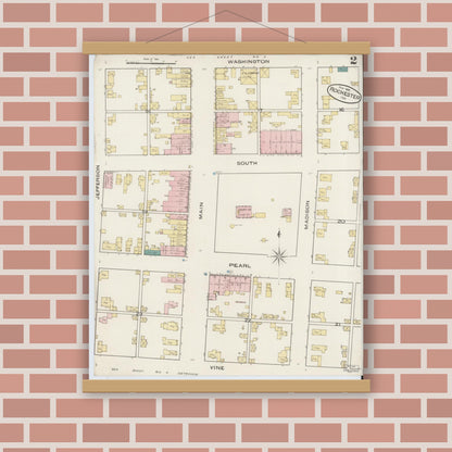 Old map wall art mockup — magnetic wood frame on brick wall — Sanborn Fire Insurance Map from Rochester, Fulton County, Indiana (1885), Sheet #0002