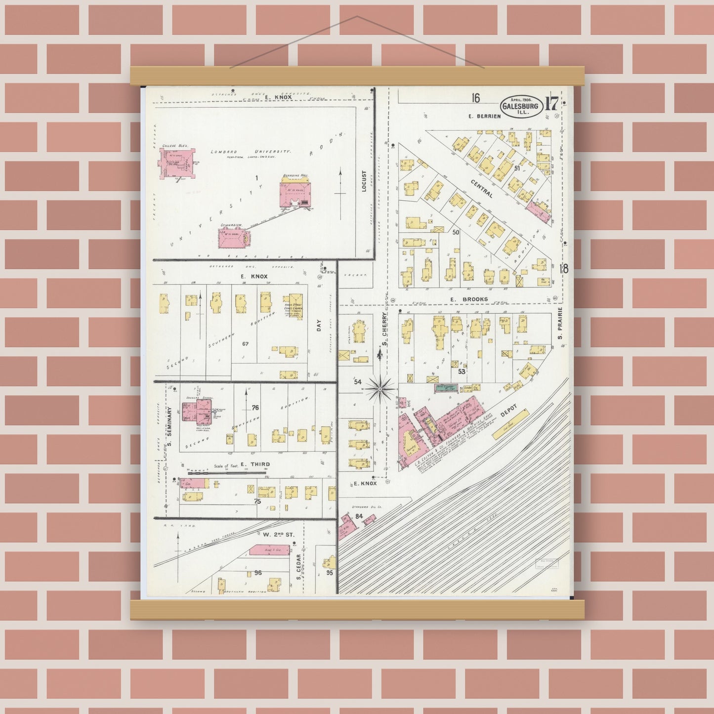 Old map wall art mockup — magnetic wood frame on brick wall — Sanborn Fire Insurance Map from Galesburg, Knox County, Illinois (1906), Sheet #0017