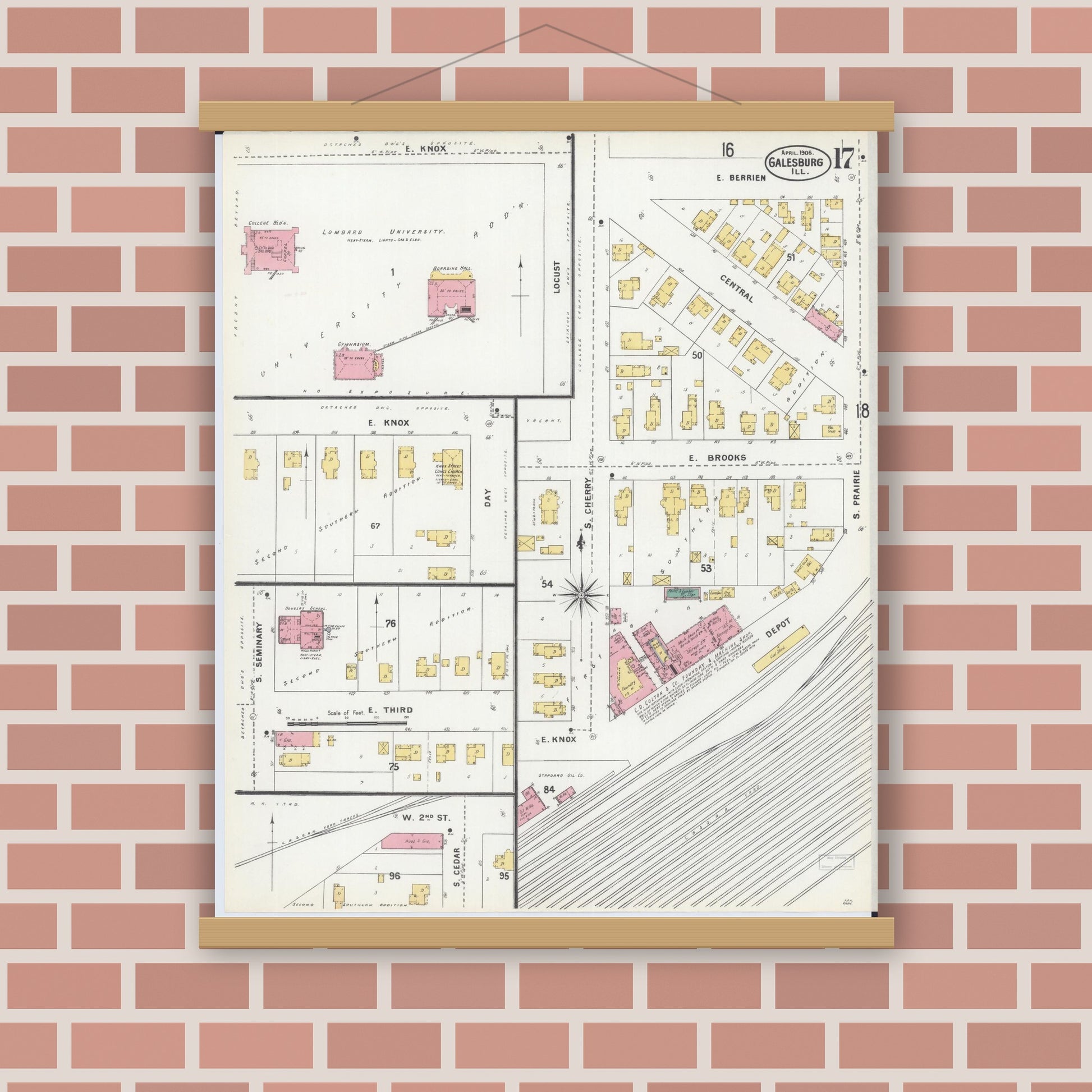 Old map wall art mockup — magnetic wood frame on brick wall — Sanborn Fire Insurance Map from Galesburg, Knox County, Illinois (1906), Sheet #0017