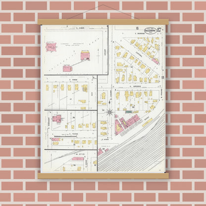 Old map wall art mockup — magnetic wood frame on brick wall — Sanborn Fire Insurance Map from Galesburg, Knox County, Illinois (1906), Sheet #0017